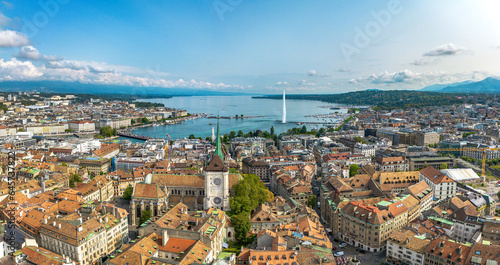 Aerial panoramic view over Geneva city in Switzerland