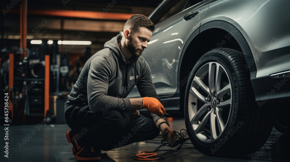 Car mechanic working in garage and changing wheel alloy tire. Repair or maintenance auto service. Car mechanic working in garage and changing wheel alloy tire. Repair or maintenance auto service.