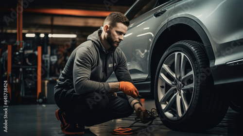 Car mechanic working in garage and changing wheel alloy tire. Repair or maintenance auto service. © MP Studio