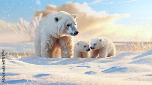 A polar bear mom and cubs walk through the snowy tundra