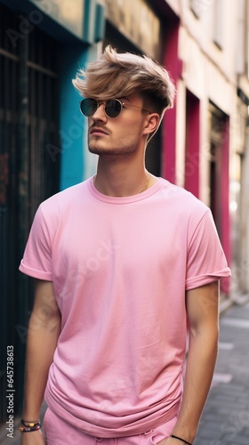 young stylish hipster man in pink t-shirt on city street, trendy gay walking, generative AI