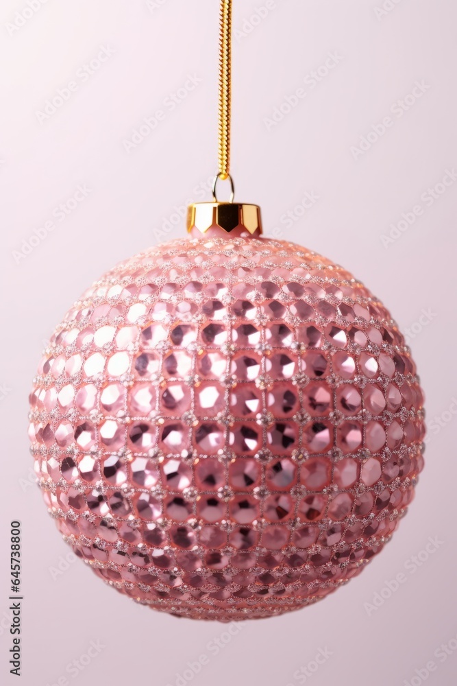 Obraz premium Photo of a pink Christmas Bauble hanging from a gold string against a white background created with Generative AI technology