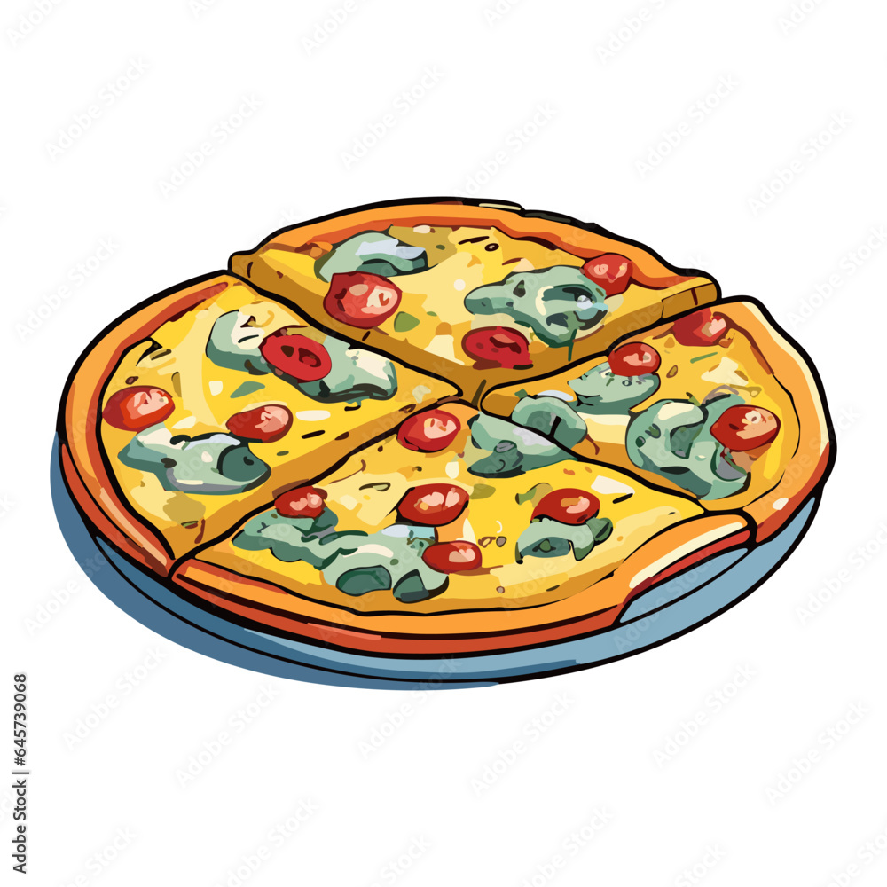 Hand Draw Pizza with various ingredients in cartoon style. Whole and chopped pizza icon. Vector illustration EPS10 Hand Draw Pizza with various ingredients in cartoon style. Whole and chopped pizza icon. Vector illustration EPS10