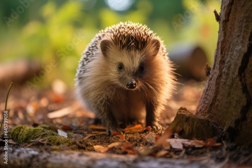 Cute adult hedgehog in summer or autumn forest. Young beautiful hedgehog in natural habitat  outdoors in nature.