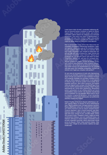 Fire of the high building. Flat building burning with cityscape.