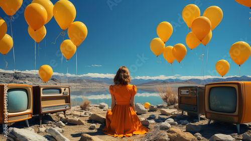 A young woman wearing an orange dress with drapes at the coast of a lake, looking at a beautiful landscape with mountains and a vast blue sky. She is surrounded by old TV sets and by flying balloons.