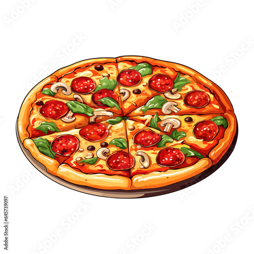Hand Draw Pizza with various ingredients in cartoon style. Whole and chopped pizza icon. Vector illustration EPS10
