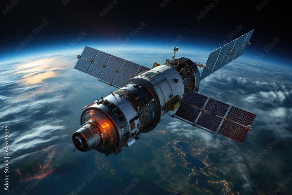 Obraz premium Satellite in orbit around Earth. Blue planet and space in the background
