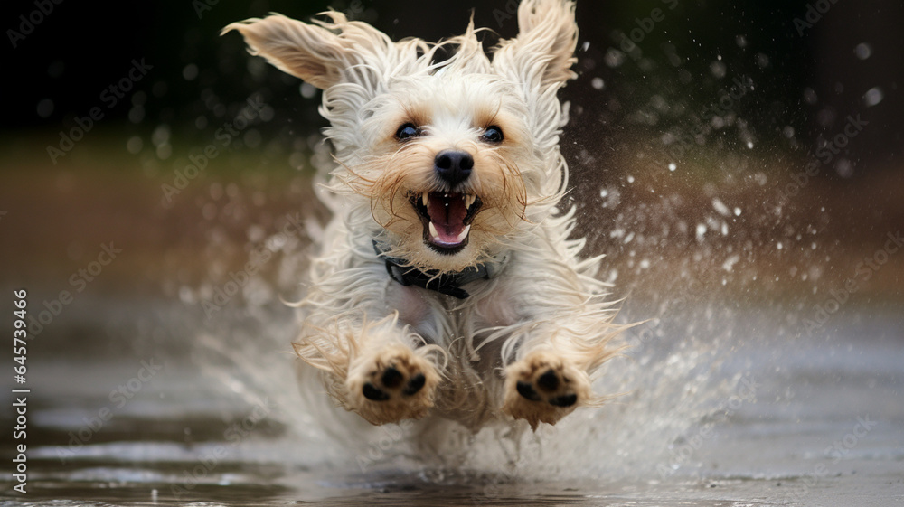Cute Yorkshire Terrier running in the water and splashing. generativa IA Cute Yorkshire Terrier running in the water and splashing. generativa IA
