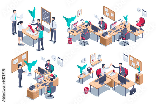 isometric vector illustration set on a white background, people in business suits work in the office at their desktops, data processing or analytical department