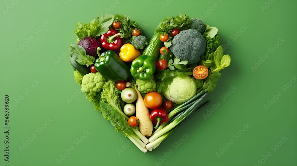 Heartshaped fresh veggies on a green backdrop. Happy vegan day. AI Generated - obrazy, fototapety, plakaty 