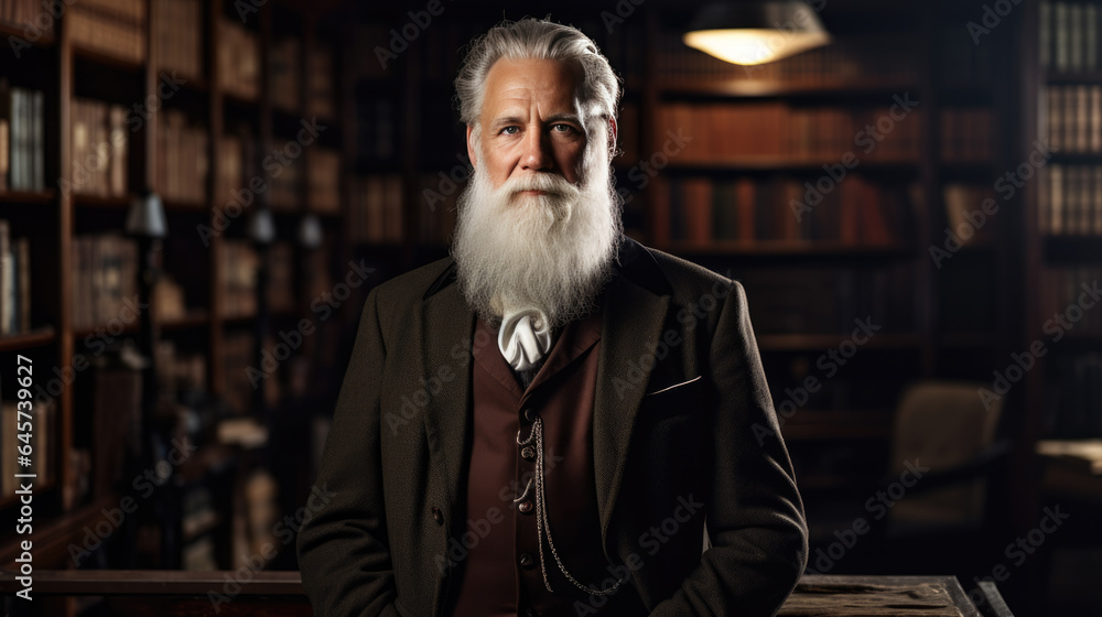 An elderly professor with a gray beard in the background of the library