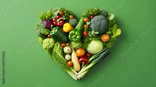 Heartshaped fresh veggies on a green backdrop. Happy vegan day. AI Generated photo