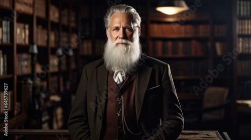 An elderly professor with a gray beard in the background of the library © MP Studio