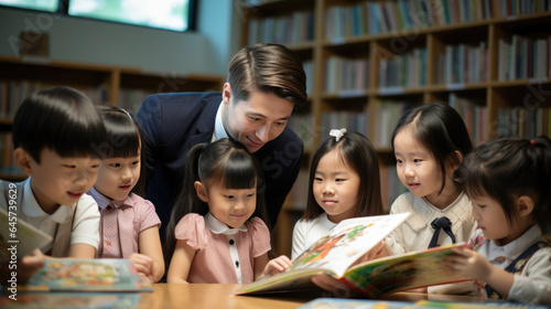 Nursery teacher reading book aloud to children in a kindergarten group