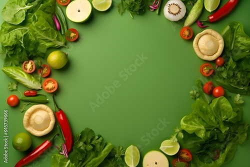 Vegetable frame with copy space center on a green background. Happy vegan day. AI Generated