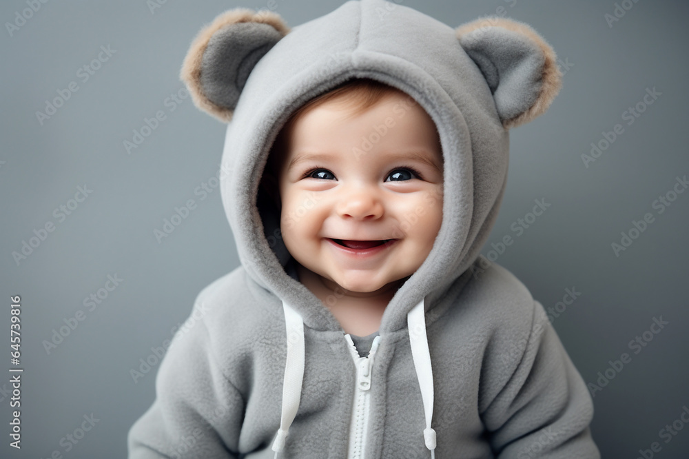 Cute smiling baby boy with hoodie and teddy bear ears isolated on grey studio background. Cute smiling baby boy with hoodie and teddy bear ears isolated on grey studio background.