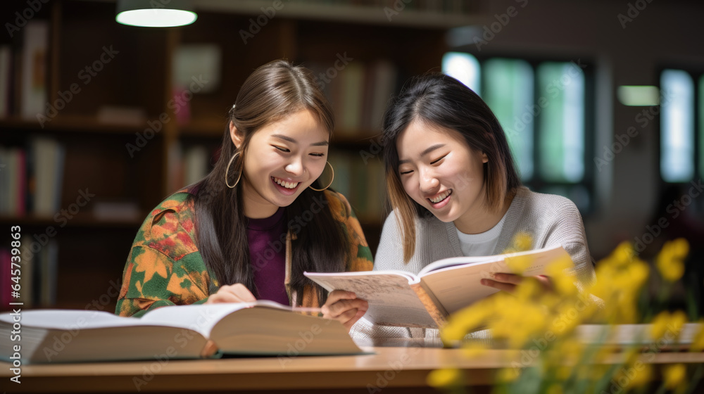 Two student friends sitting in the library getting ready for class Two student friends sitting in the library getting ready for class