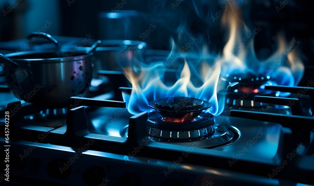 blue flame from a burning gas stove, ai generative - obrazy, fototapety, plakaty 