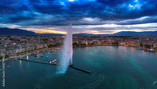 Aerial view over Lake Geneva in Switzerland. Geneva from above photo