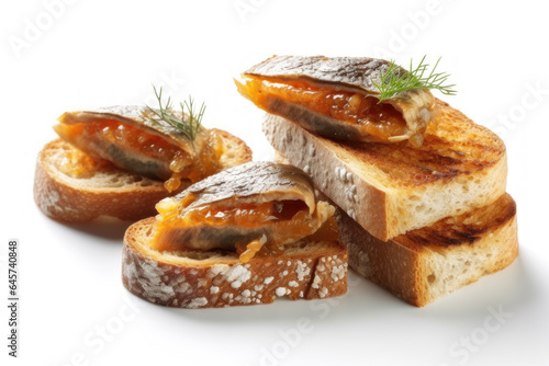 Sandwiches with fish caviar and smoked sprots and dill on white background
