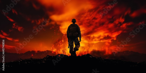 Silhouette of a soldier on the burning background 