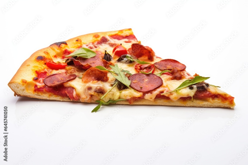 Slice of delicious fresh pizza isolated on white background Slice of delicious fresh pizza isolated on white background