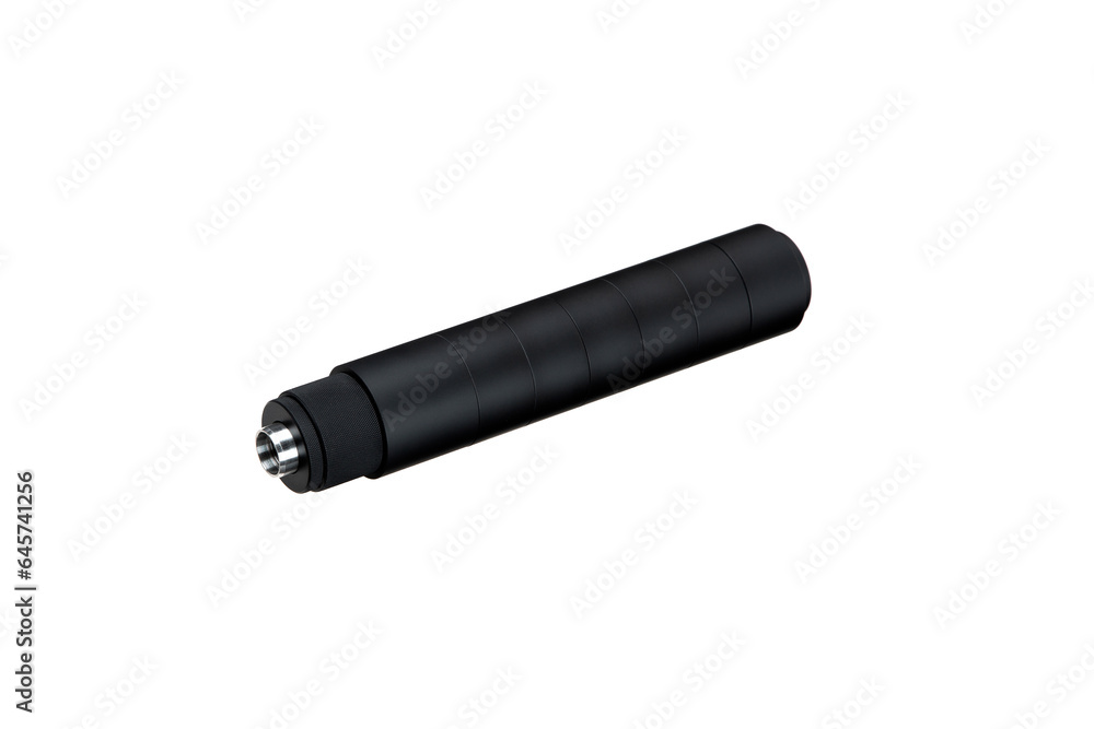 Black modular silencer for weapons. Suppressor that is at the end of an assault rifle. Isolate on a white back Black modular silencer for weapons. Suppressor that is at the end of an assault rifle. Isolate on a white back