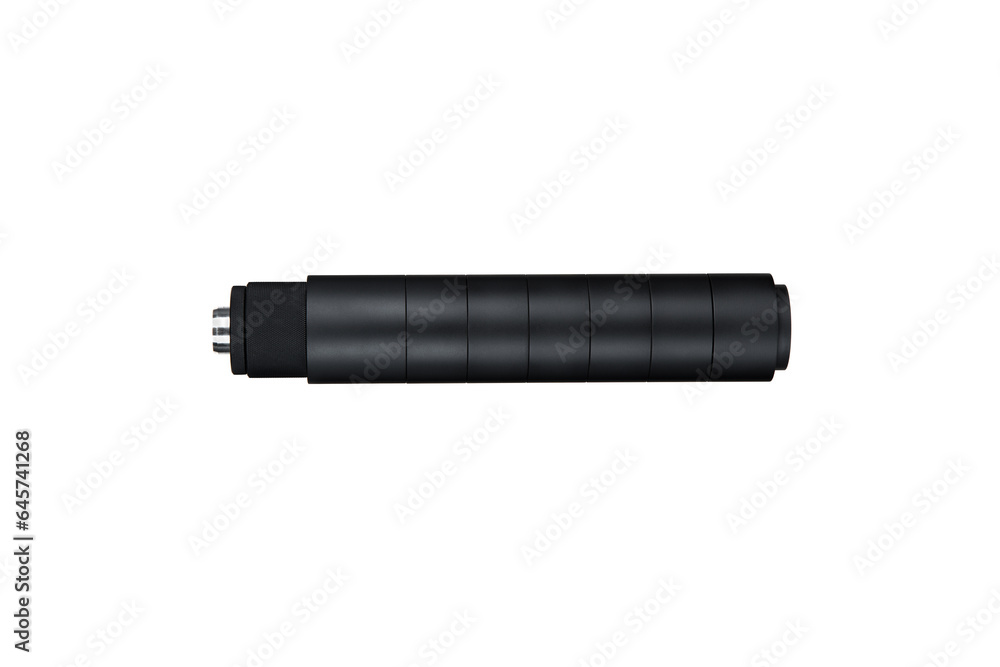 Black modular silencer for weapons. Suppressor that is at the end of an assault rifle. Isolate on a white back Black modular silencer for weapons. Suppressor that is at the end of an assault rifle. Isolate on a white back
