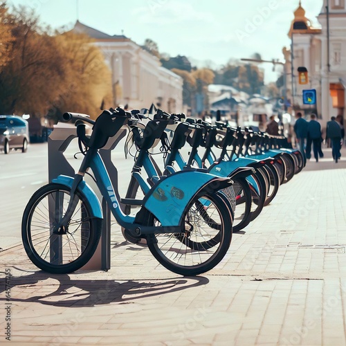 Bike rental on the main street of the city. Bike sharing system photo