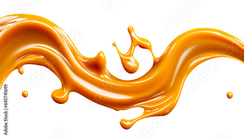 Delicious melted caramel texture. Flow, wave and drops splash caramels sauce. Sweet food design background.
