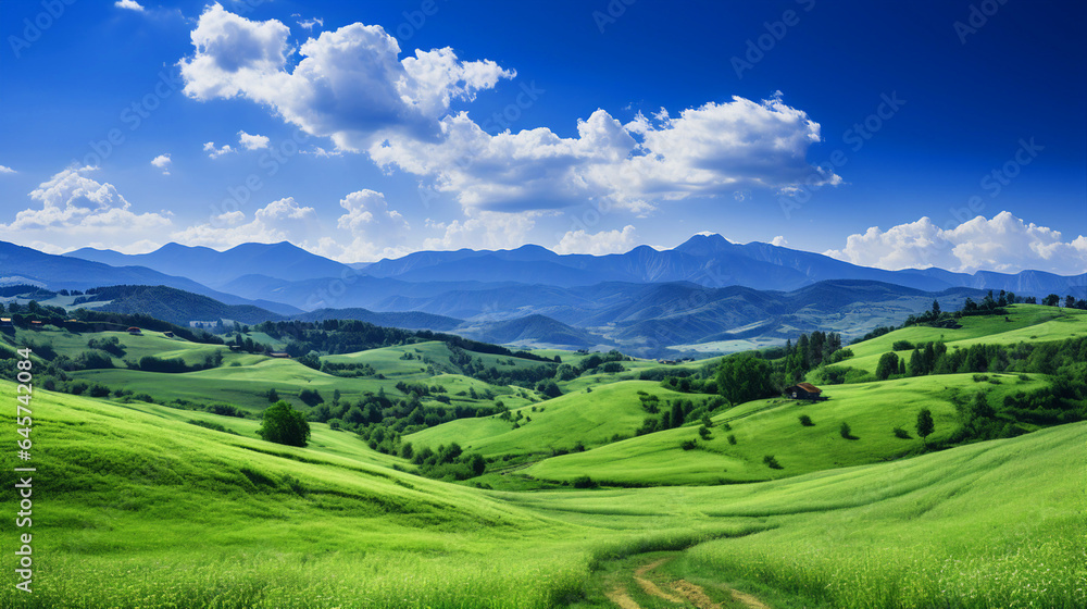 natural landscape with green grass fields, and blue sky with clouds.