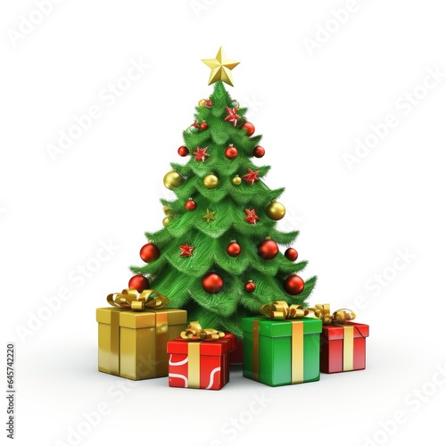 Christmas tree with gift boxes with bows isolated on white background, illustration drawn cartoon style. Presents for Christmas or New Year.