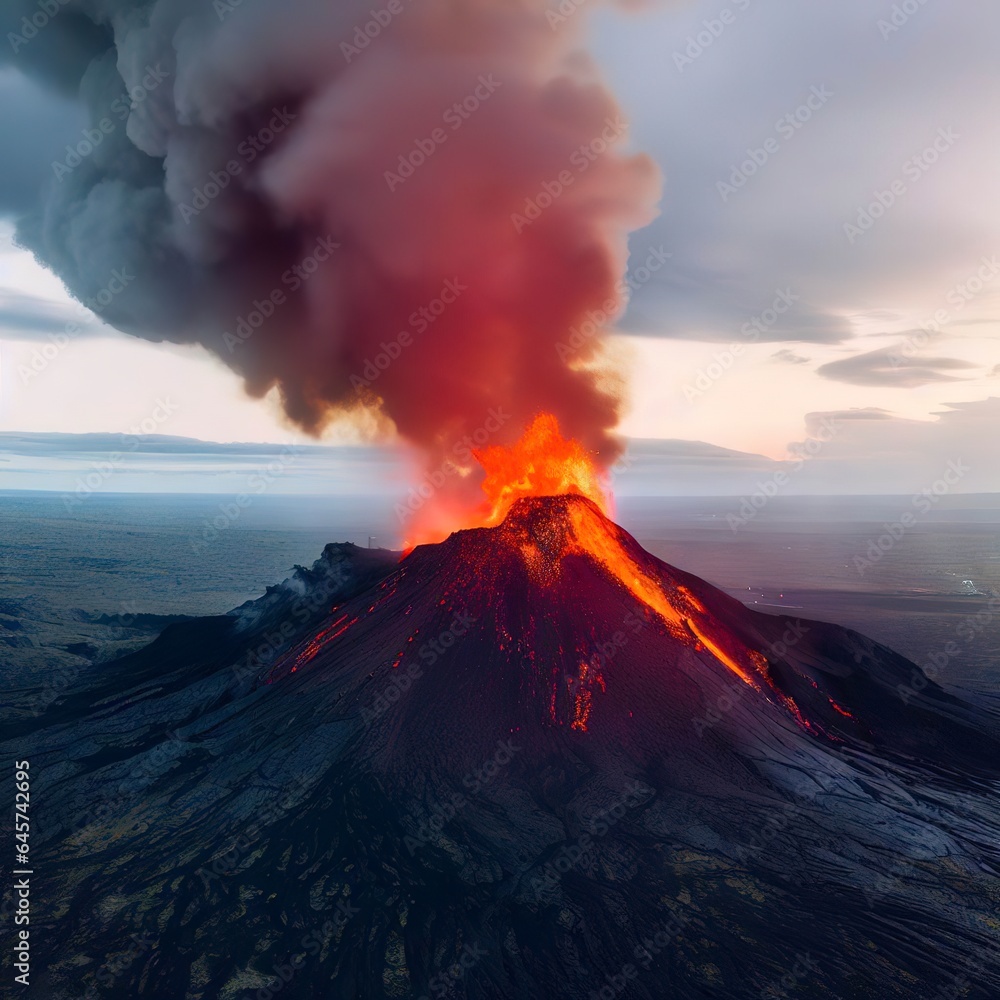Aerial Panoramic view of Volcano Eruption, Litli-Hrútur Hill, Fagradalsfjall Volcano System in Iceland. Reykjanes Peninsula