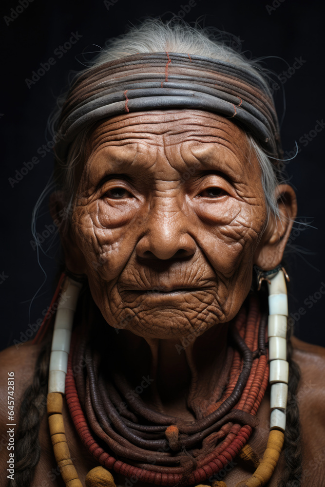 Portrait of an elderly, female tribal leader. Matriarchal figure.