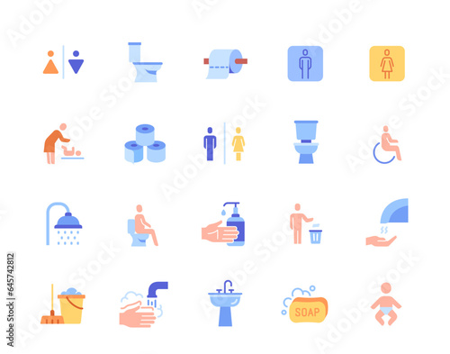 Toilet and WC icons set. Colorful symbols and signs with men and women restroom, shower room and baby changing room, toilet bowl and sink. Cartoon flat vector collection isolated on white background
