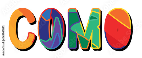 COMO. Bright cartoon color doodle isolated typographic inscription, Illustrated text. Place in Italy COMO for print, travel resources, social network, adv banner, t-shirt design