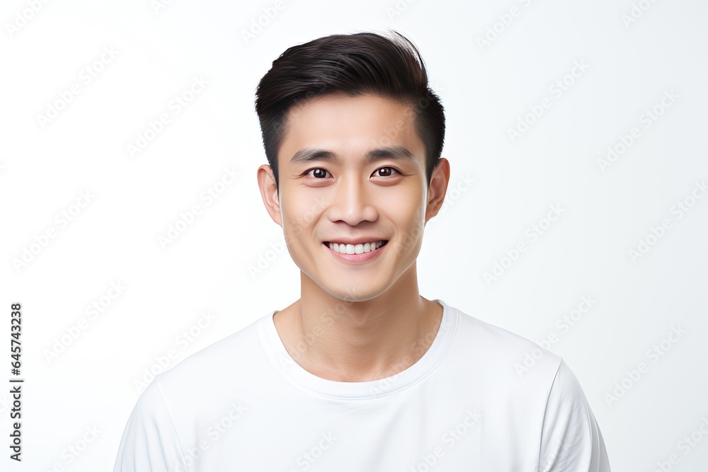 Radiant and cheerful Asian young man showcasing a warm smile against a clean, white background Radiant and cheerful Asian young man showcasing a warm smile against a clean, white background