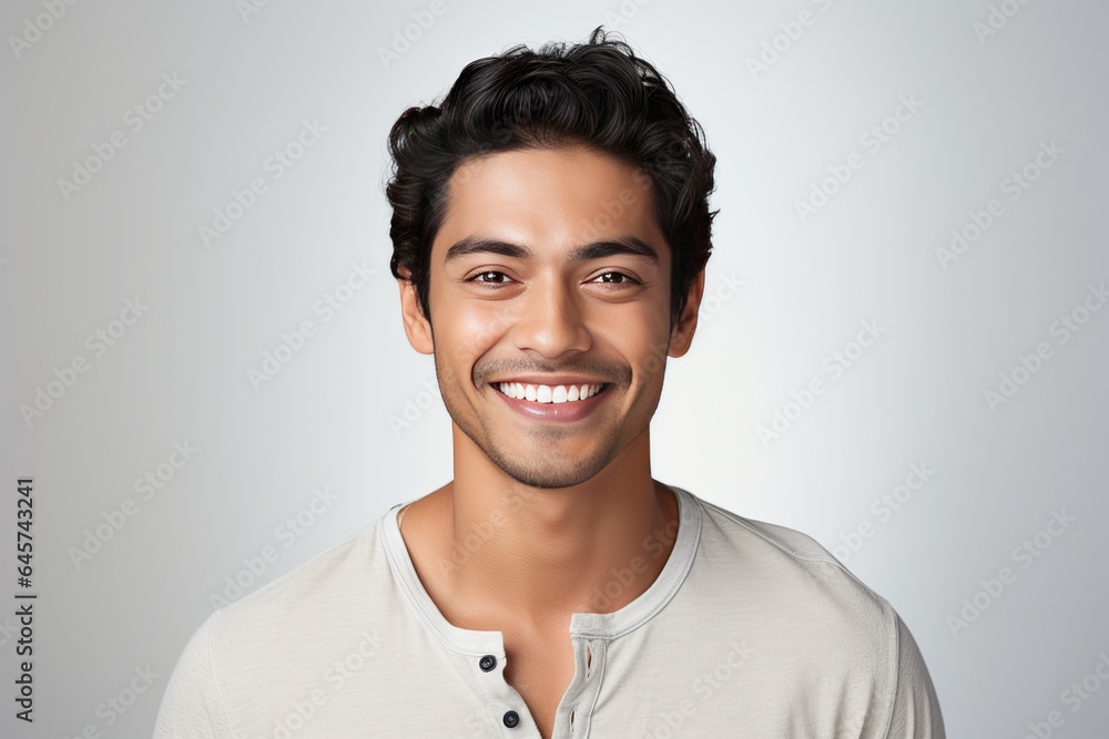 Radiant and cheerful Asian young man showcasing a warm smile against a clean, white background Radiant and cheerful Asian young man showcasing a warm smile against a clean, white background