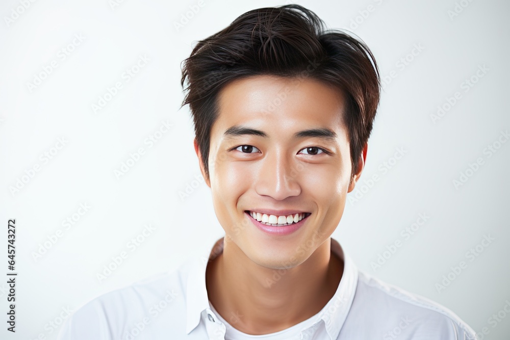 Radiant and cheerful Asian young man showcasing a warm smile against a clean, white background Radiant and cheerful Asian young man showcasing a warm smile against a clean, white background