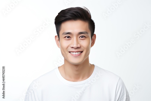 Radiant and cheerful Asian young man showcasing a warm smile against a clean, white background