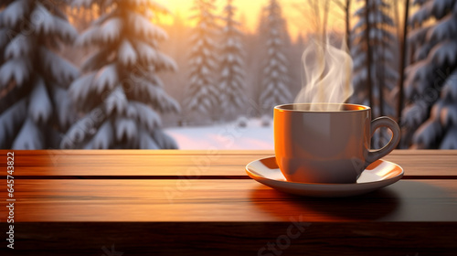 cup of coffee on wooden table during winter