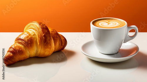 cup of coffee and croissant on orange background