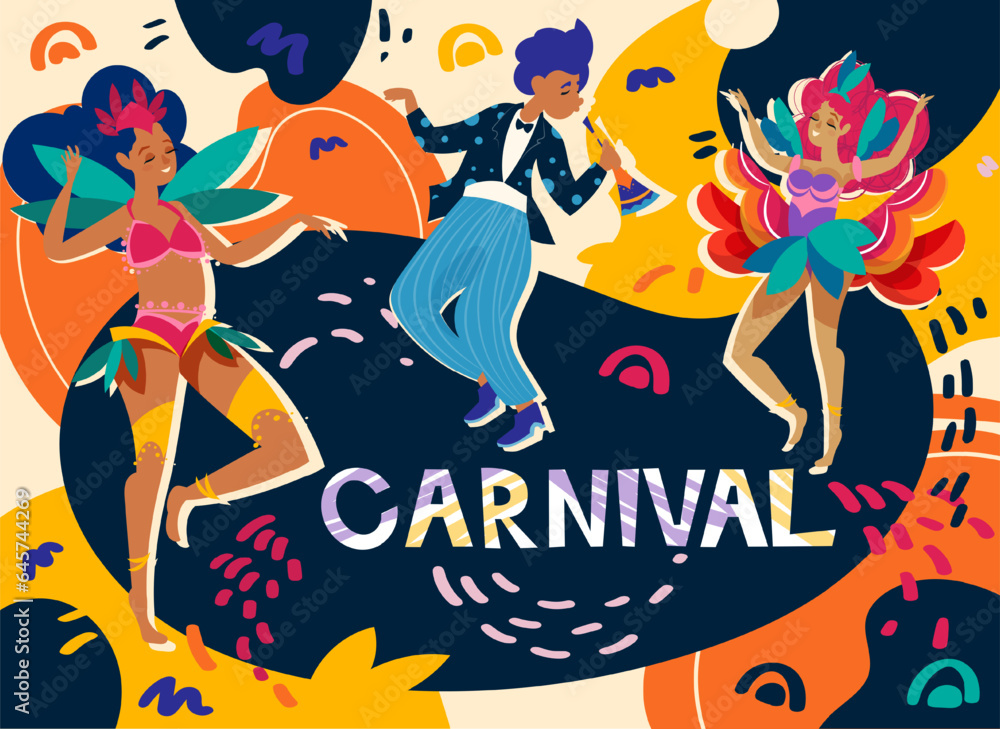Poster with carnival brazil. Colorful banner with dancers in traditional masquerade costumes and musician. Flyer with latino american holiday and funny characters. Cartoon flat vector illustration