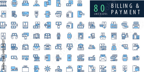 Billing and Payments line icons set. Money payments elements outline icons collection. Payments elements symbols. Money, Bank, Savings, Investment, Currency, Management, Wallet vector