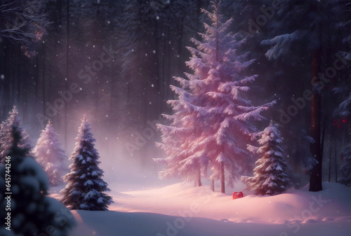 Winter magical landscape on christmas night, eve with fir trees, snow, sparkles, lights. New year greeting card, postcard, background with copyspace. 