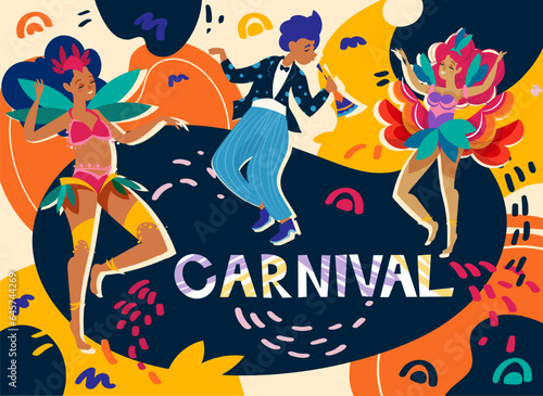 Poster with carnival brazil. Colorful banner with dancers in traditional masquerade costumes and musician. Flyer with latino american holiday and funny characters. Cartoon flat vector illustration
