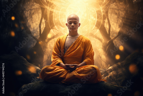 The monk is practicing meditation, nature background, chakra glowing light © Kien