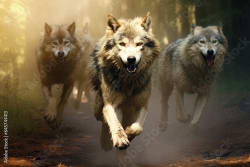 wolf pack running in the woods hunting for prey