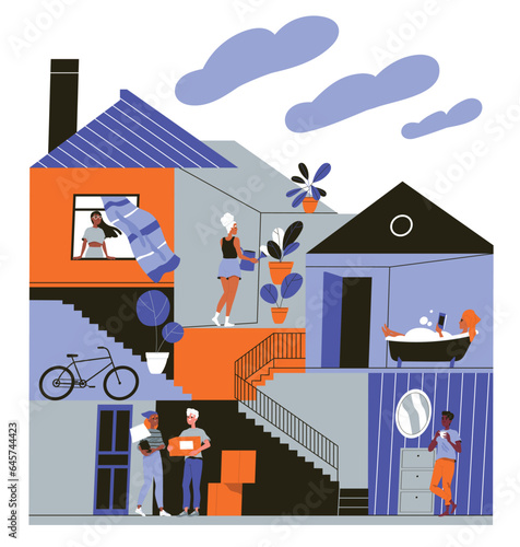 People home daily life. Smiling characters in house interior. Men and women receive package, take bath, water potted flowers and drink coffee. Routine and domesticity. Cartoon flat vector illustration